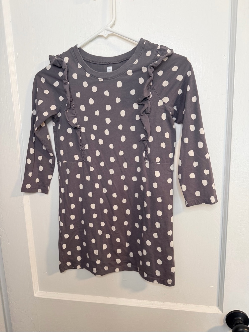 Tea Collection Gray Dress with White Polka Dots and Ruffle Detail